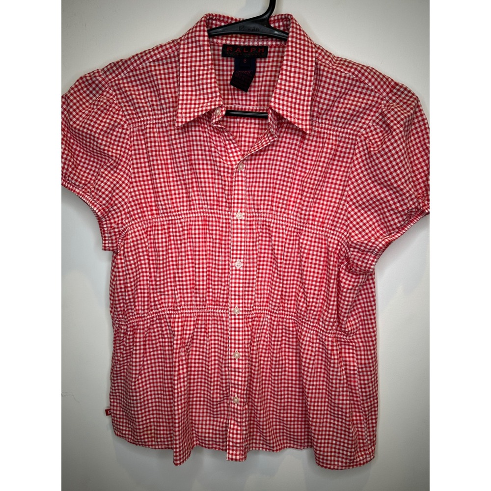 Ralph Lauren Red White Gingham Smocked Waist Button Down Shirt Womens 6